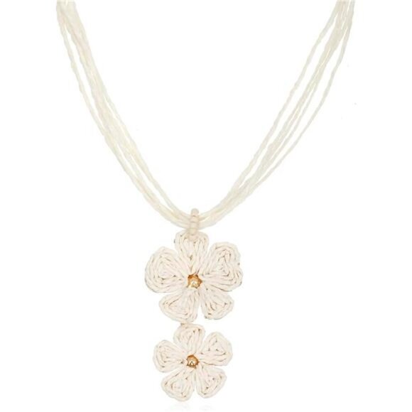 Boho Woven Flower Necklace – Natural Handmade Raffia Pendant Jewelry